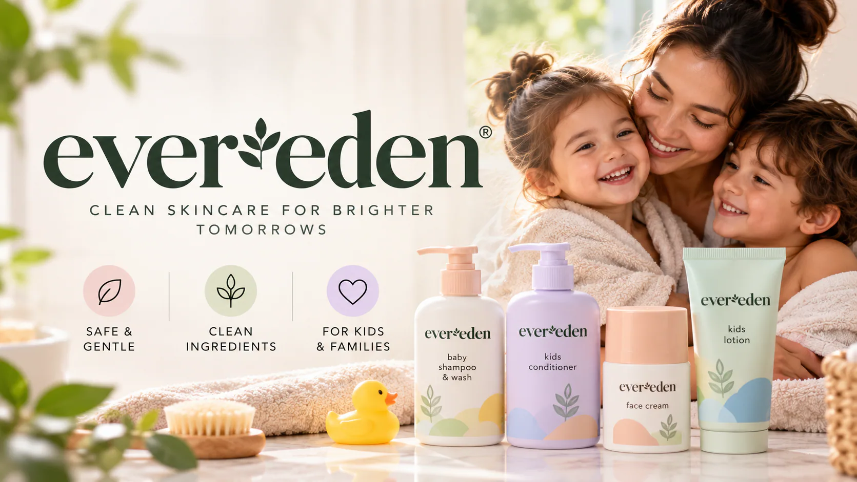 Evereden family skincare products displayed alongside a mother and two smiling children.