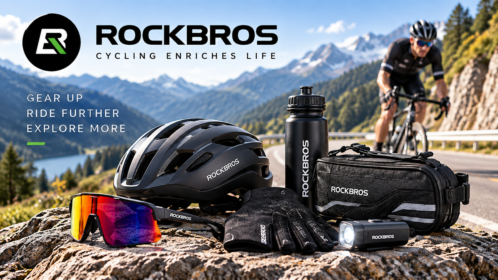 ROCKBROS cycling accessories including helmet, sunglasses, gloves, bottle, bike bag, and light