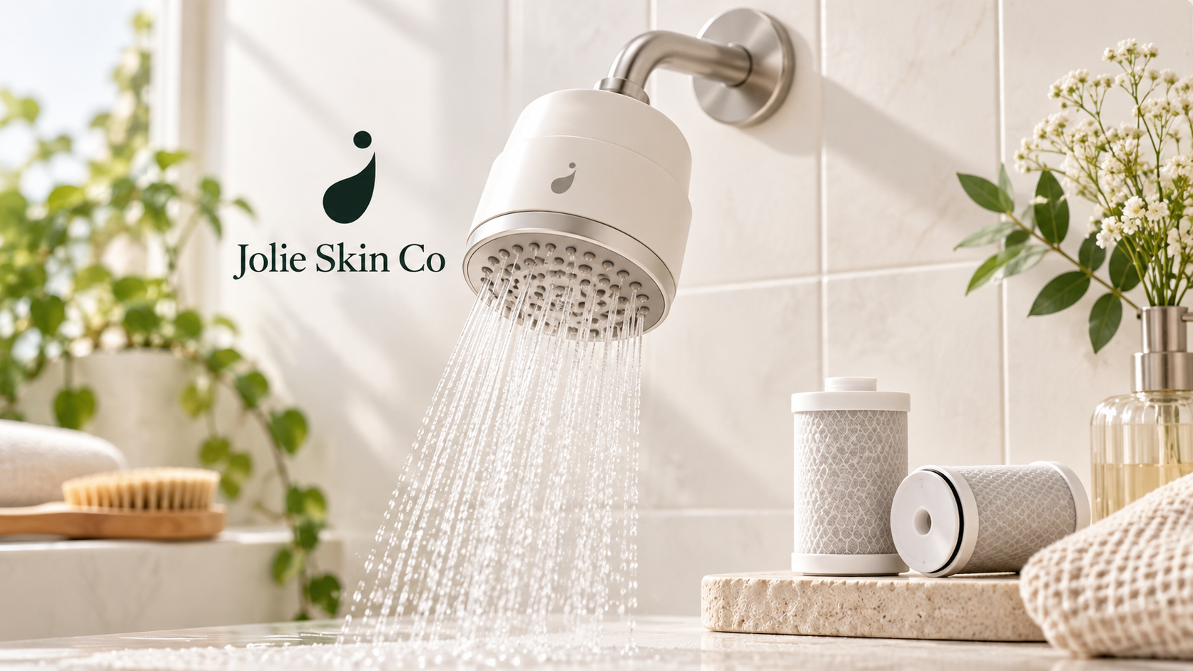 Jolie Skin Co shower filter with replacement filter cartridges in a bathroom
