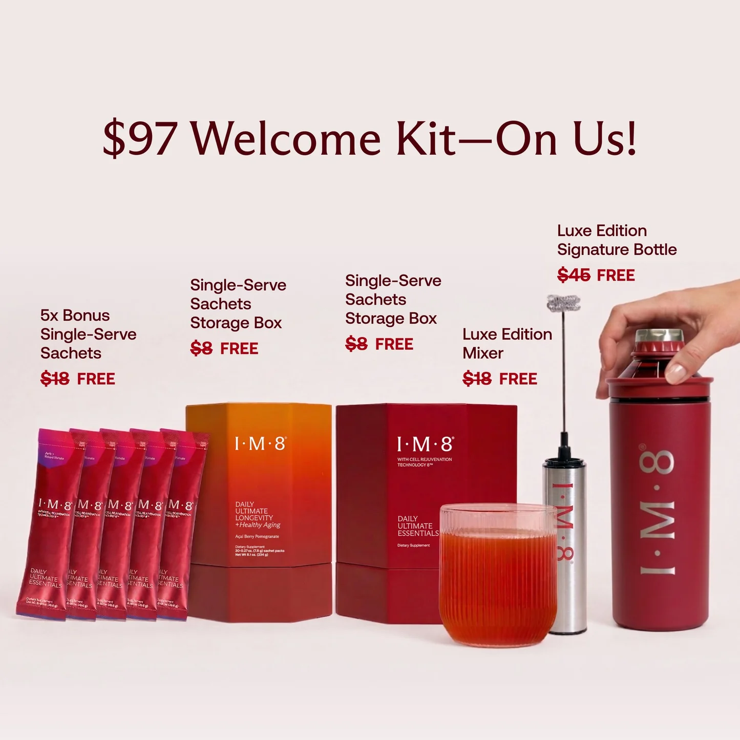 IM8 $97 Welcome Kit with supplement sachets, mixer, bottle, and drink glass