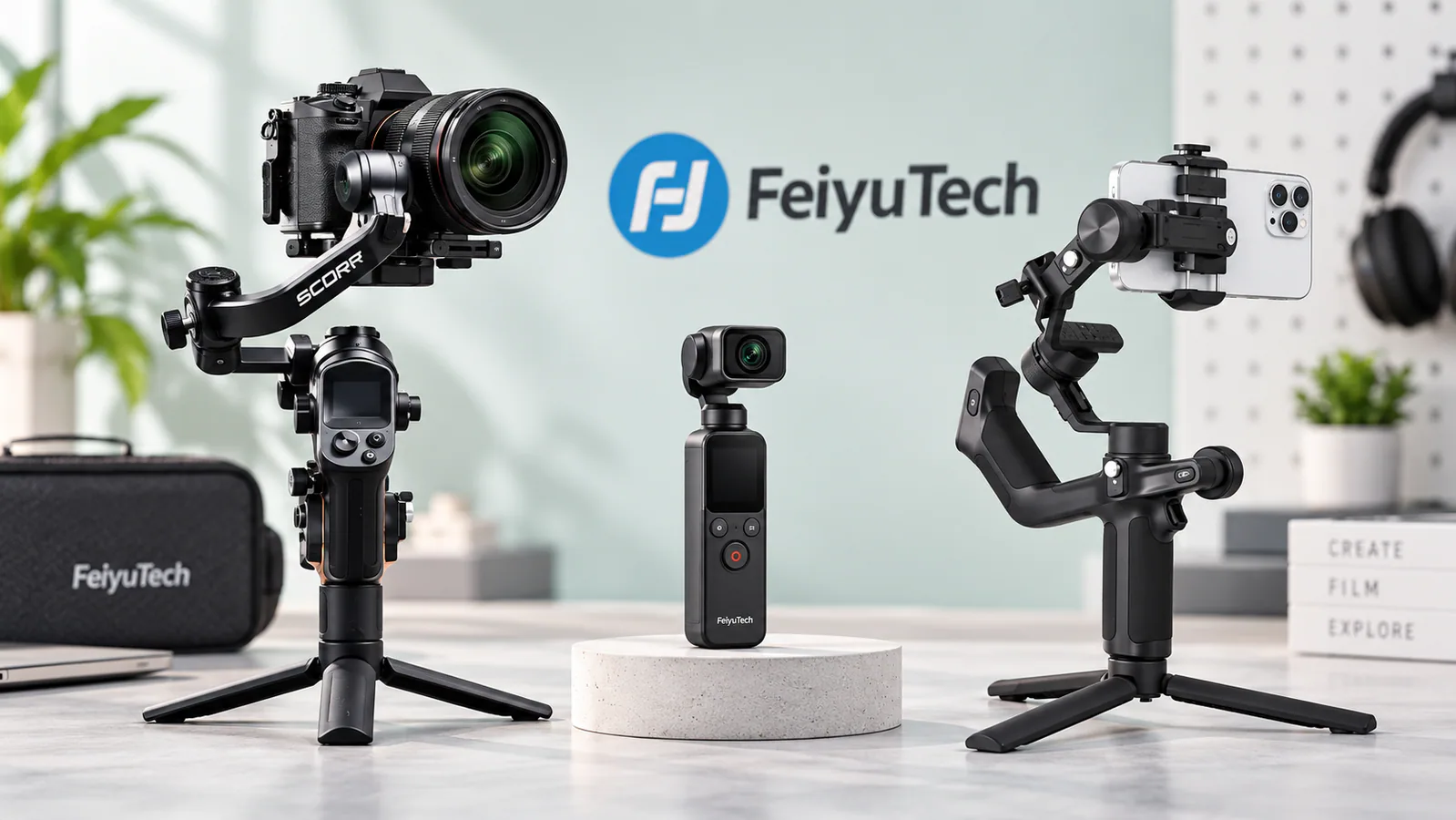 FeiyuTech gimbals and action camera displayed for smartphone and camera stabilization