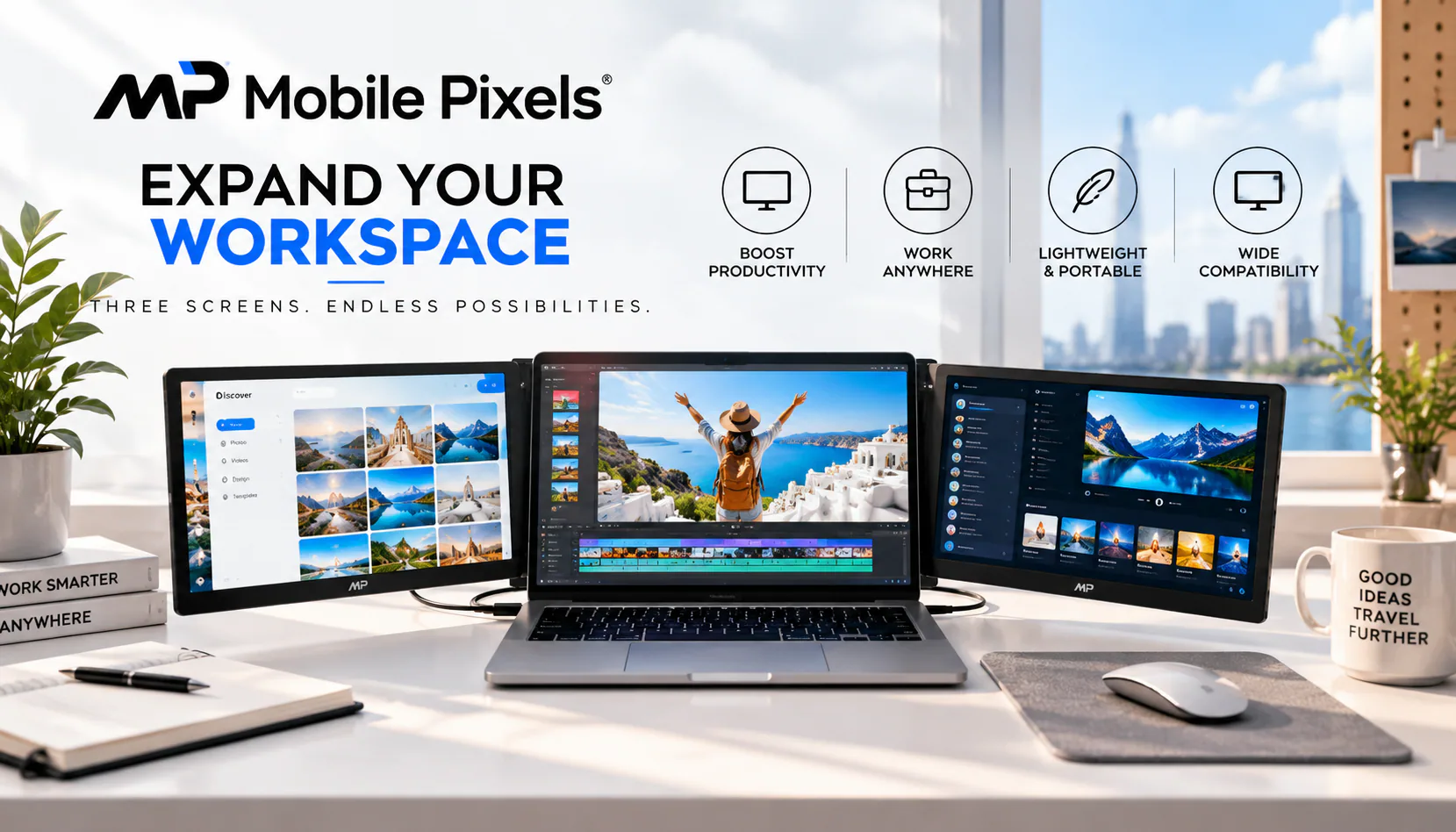 Mobile Pixels laptop workspace with three portable displays