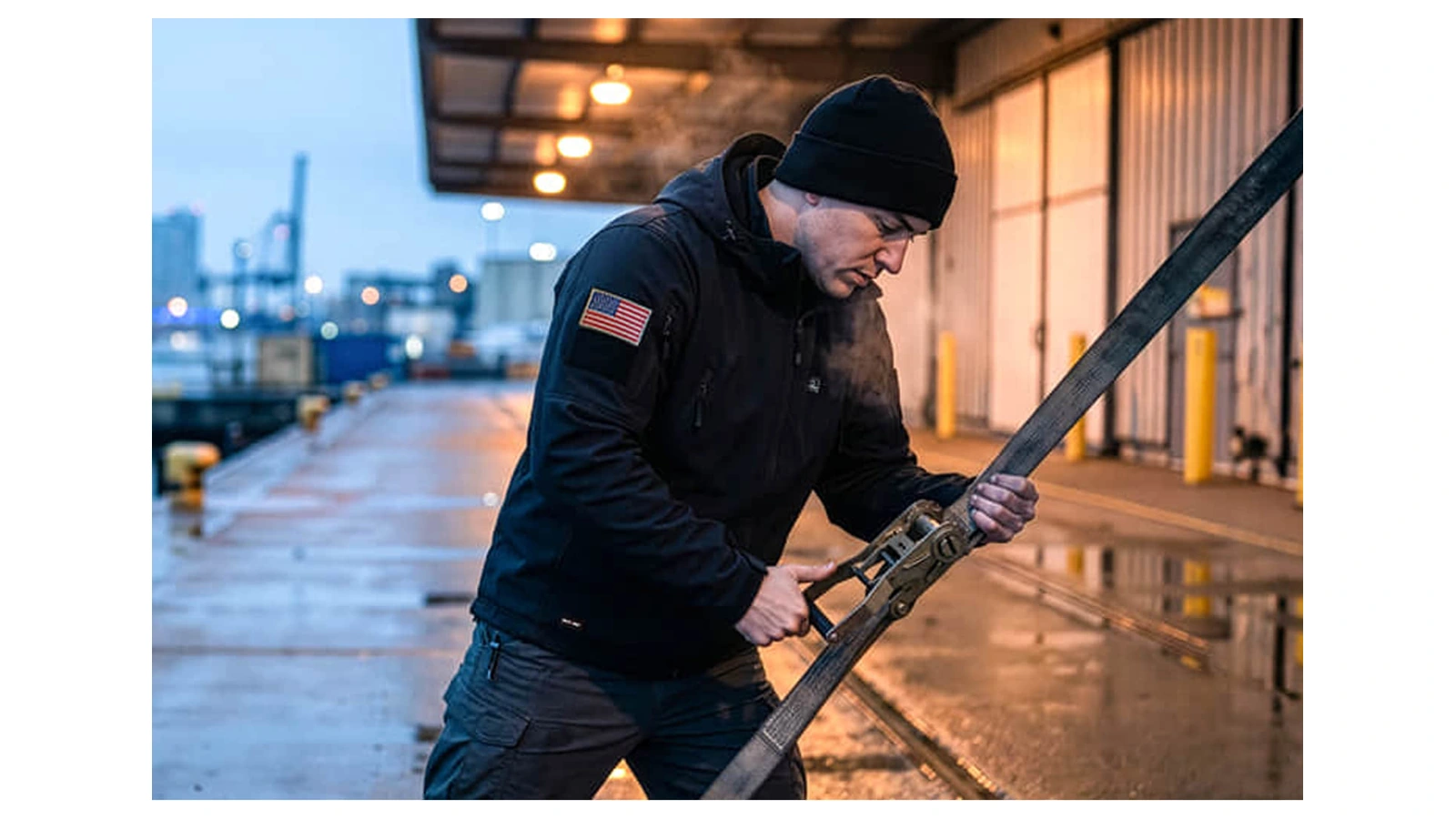 Person wearing a black DEWBU jacket beside industrial equipment