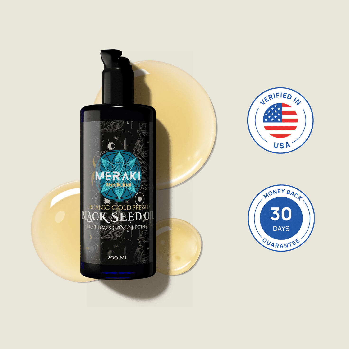 Meraki Medicinal black seed oil bottle with golden oil drops
