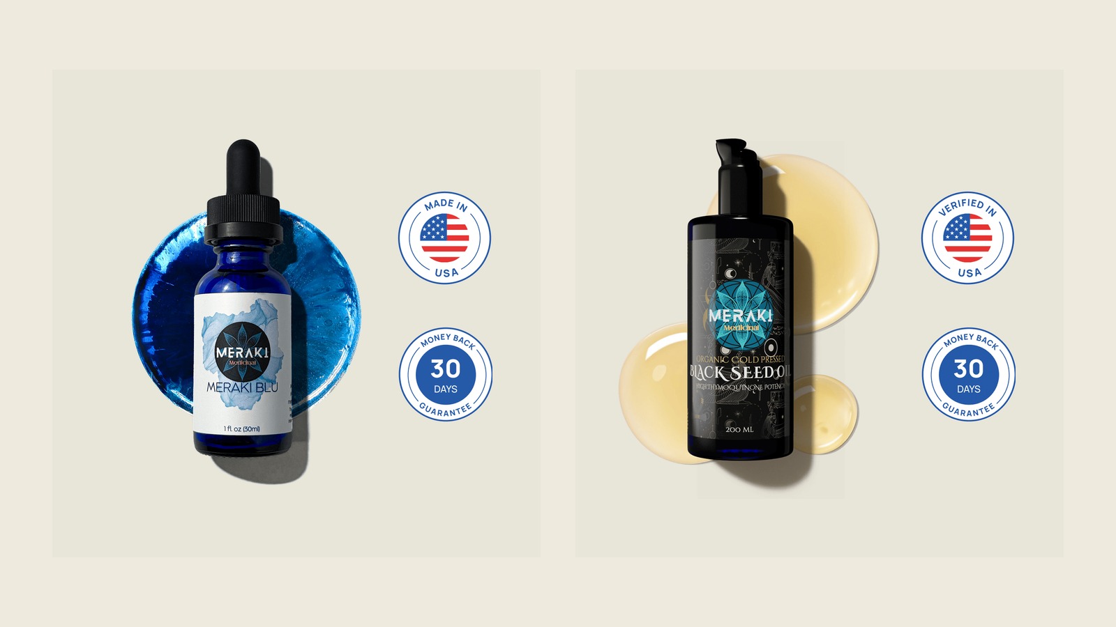 Meraki Medicinal blue dropper bottle and black seed oil bottle