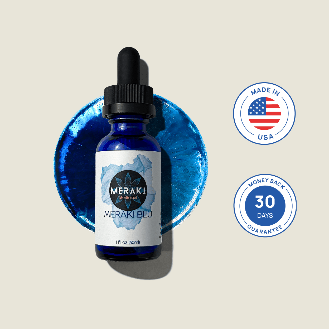 Meraki Blu dropper bottle on a blue glass background