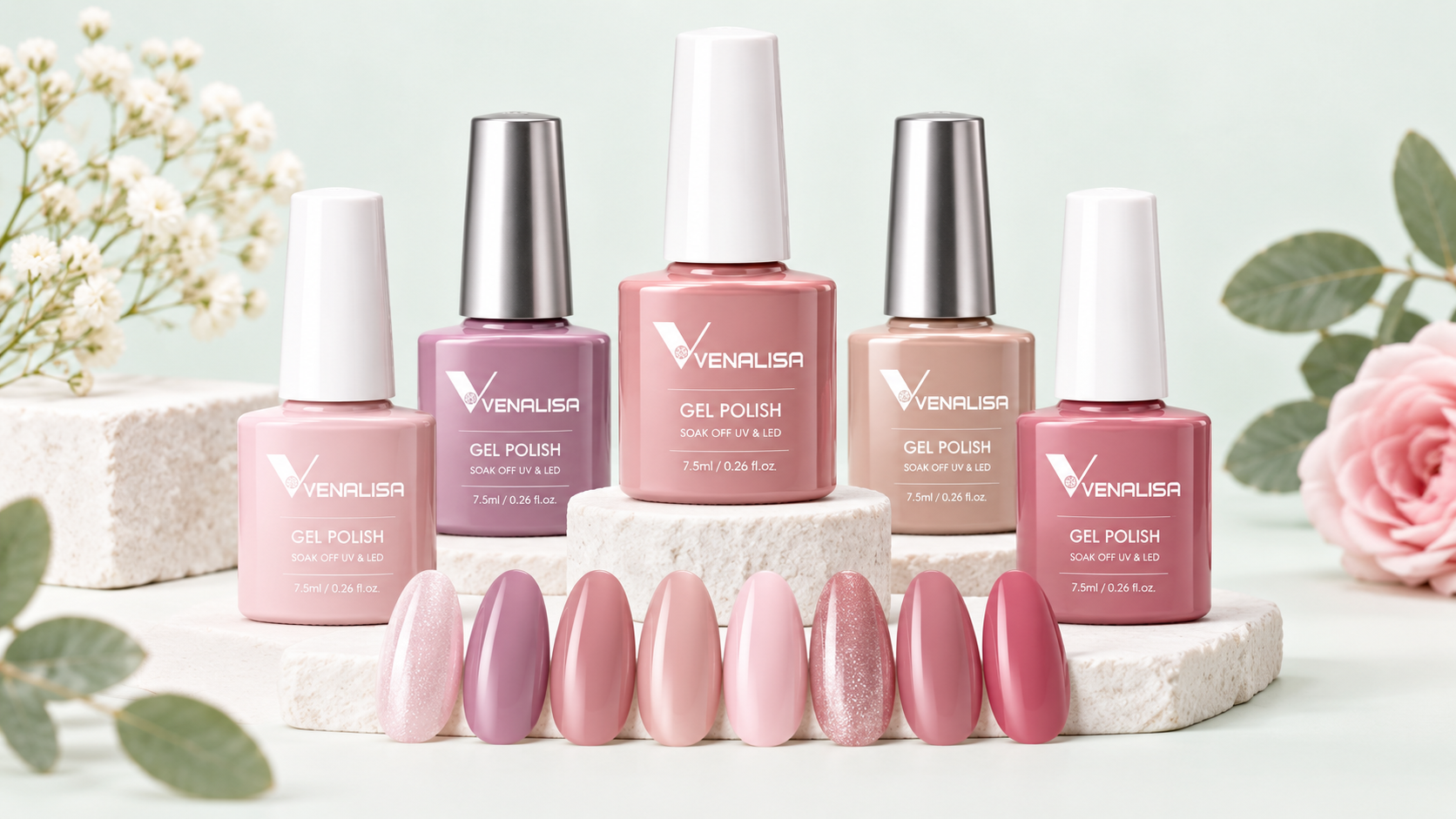 Venalisa gel polish products in a range of pink and nude colors