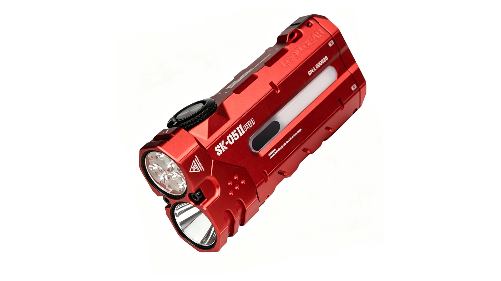 Red LOOP GEAR SK05 Pro 2 UV flashlight showing its dial and front lenses