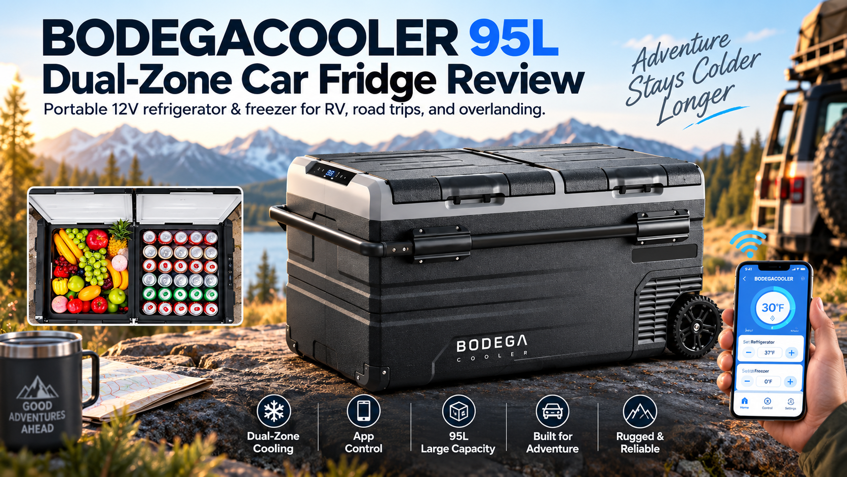 BODEGACOOLER 95L Dual-Zone Car Fridge review hero image showing the portable 12V refrigerator, dual-zone storage, app control, and outdoor overlanding use.