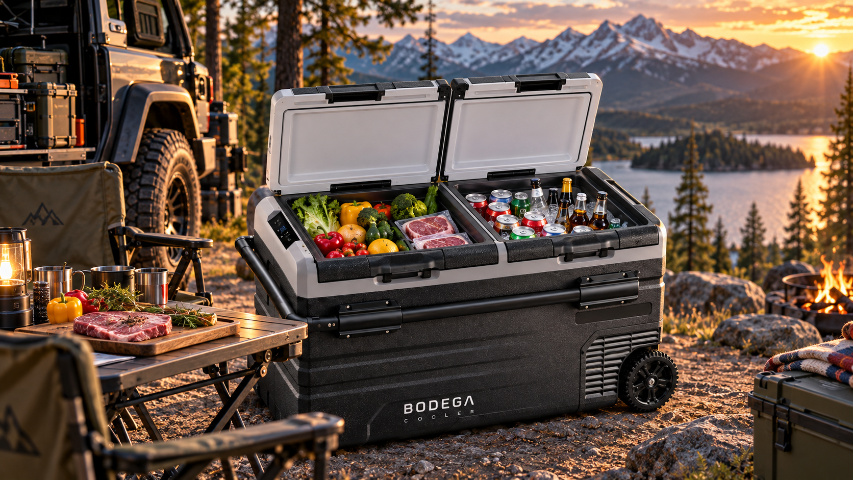 BODEGACOOLER 95L Dual-Zone Car Fridge at a mountain campsite with two open cooling compartments filled with fresh food and drinks.