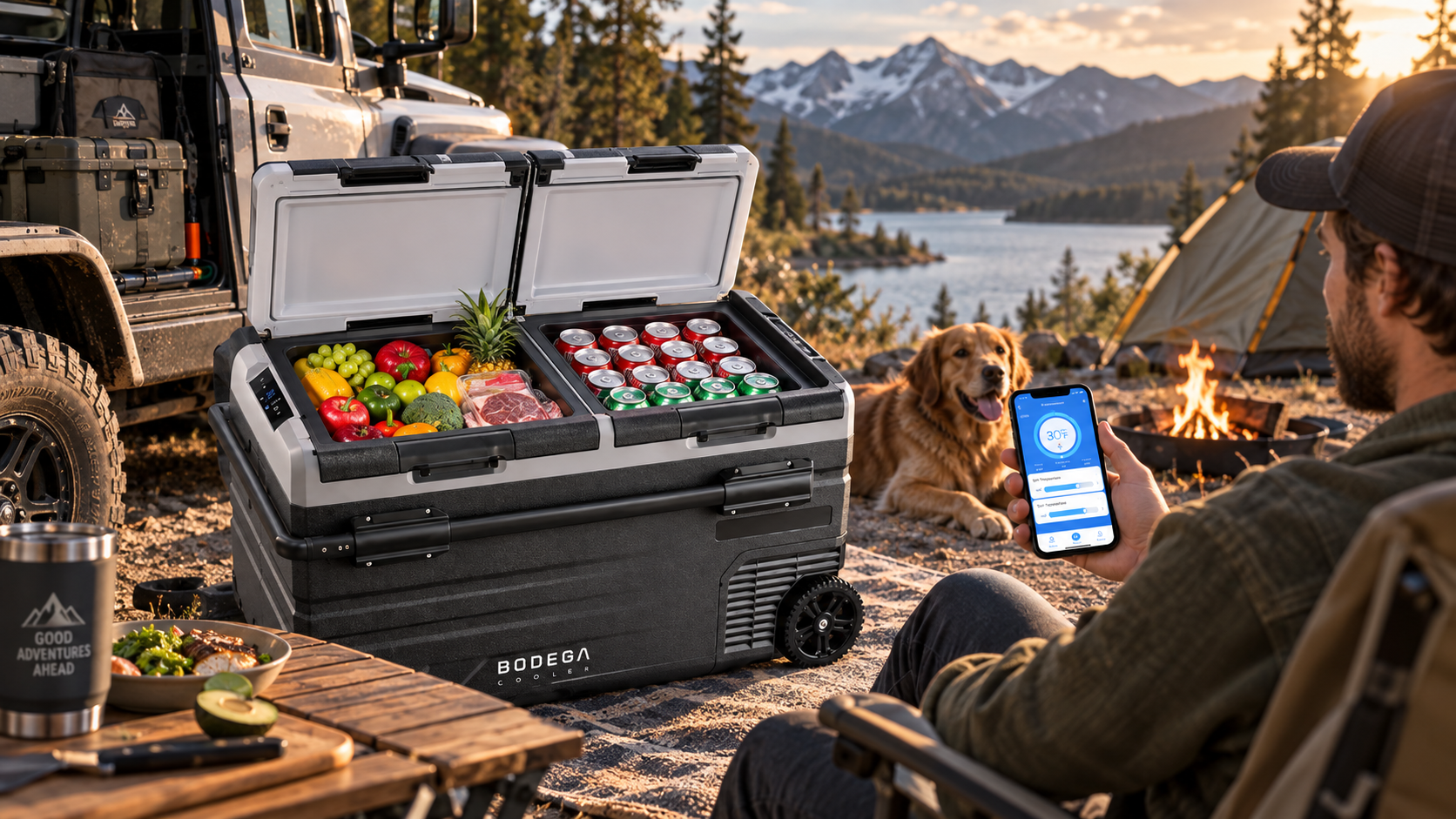 BODEGACOOLER 95L Dual-Zone Car Fridge at an outdoor campsite with fresh food, drinks, app control, and an overlanding vehicle.
