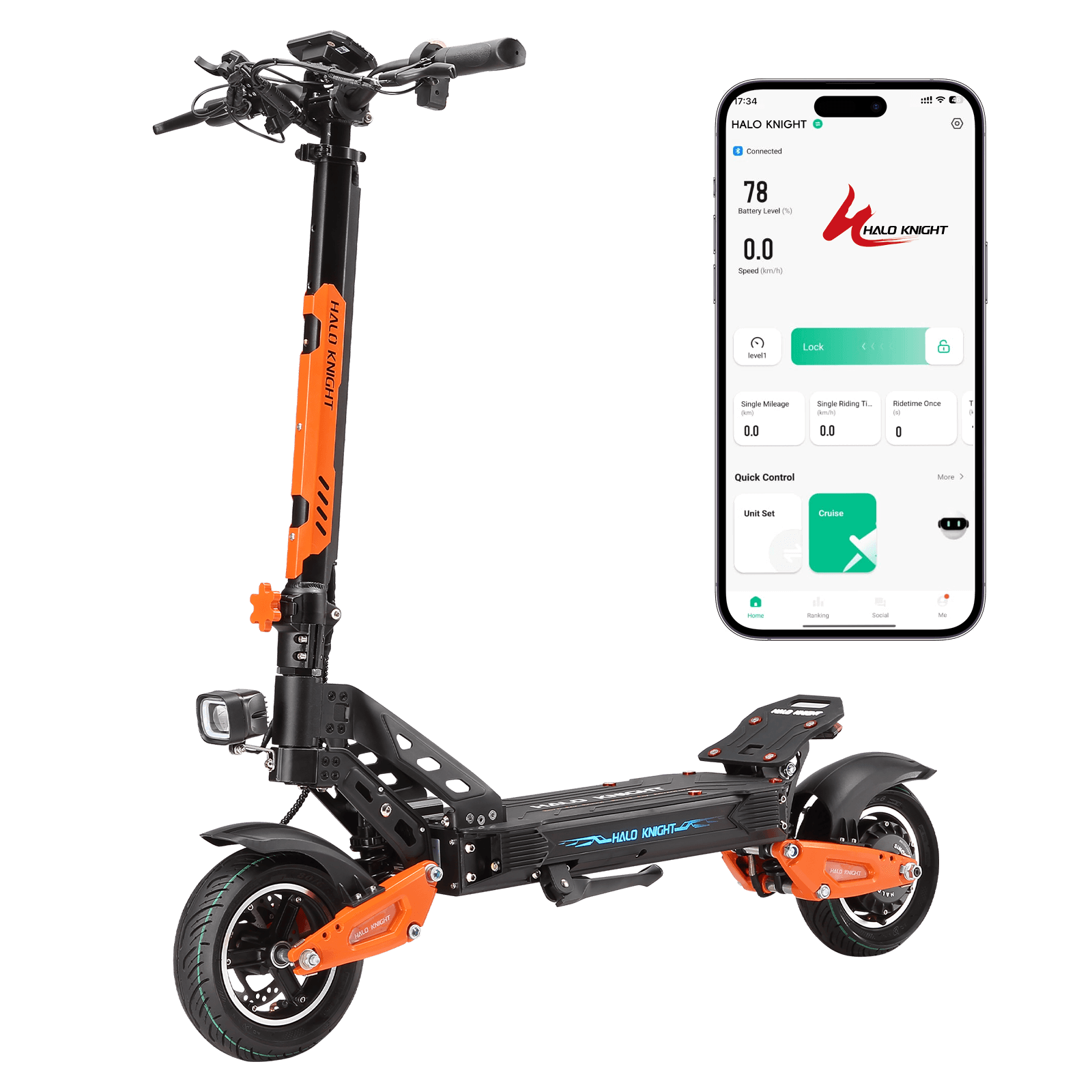 HALO KNIGHT T102 electric scooter and mobile app controls