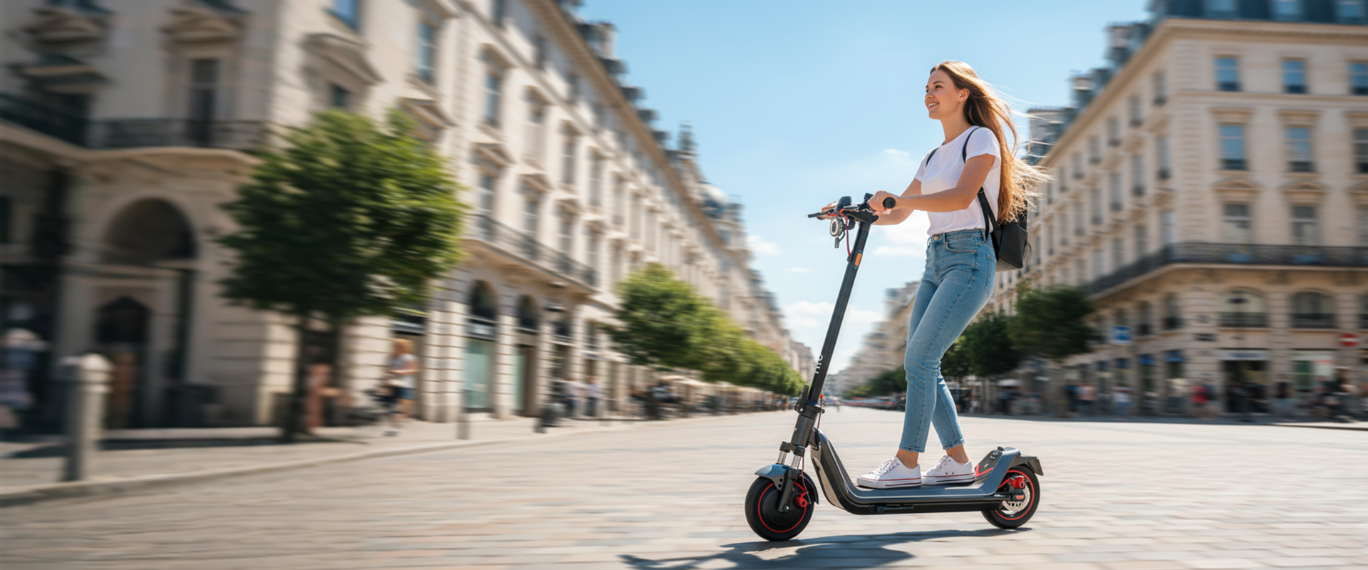 Rider on a NIU KQi electric kick scooter on a city street