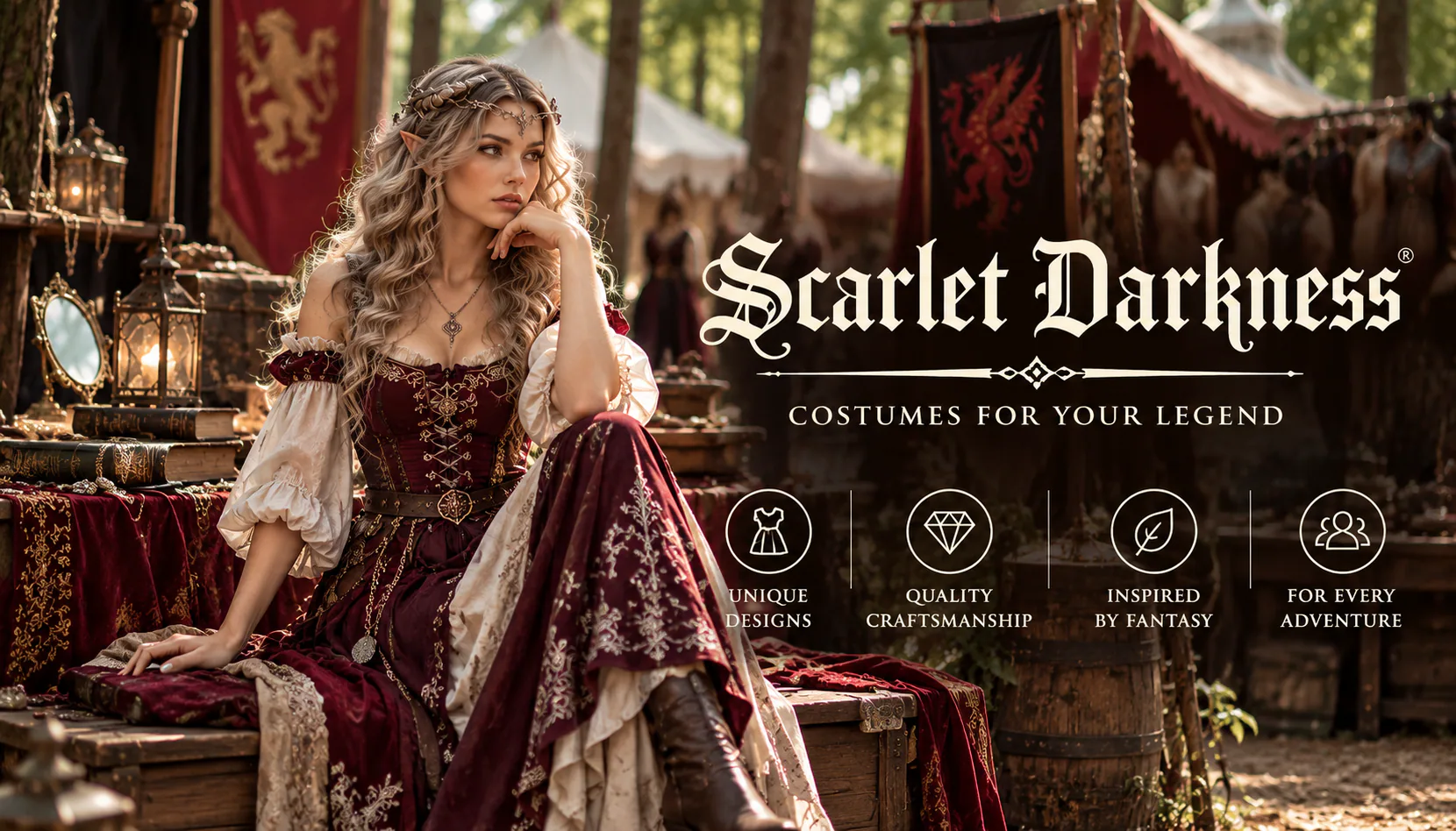 Scarlet Darkness fantasy renaissance outfit featuring an elf-inspired woman in a burgundy and cream medieval dress at a wooded fair.