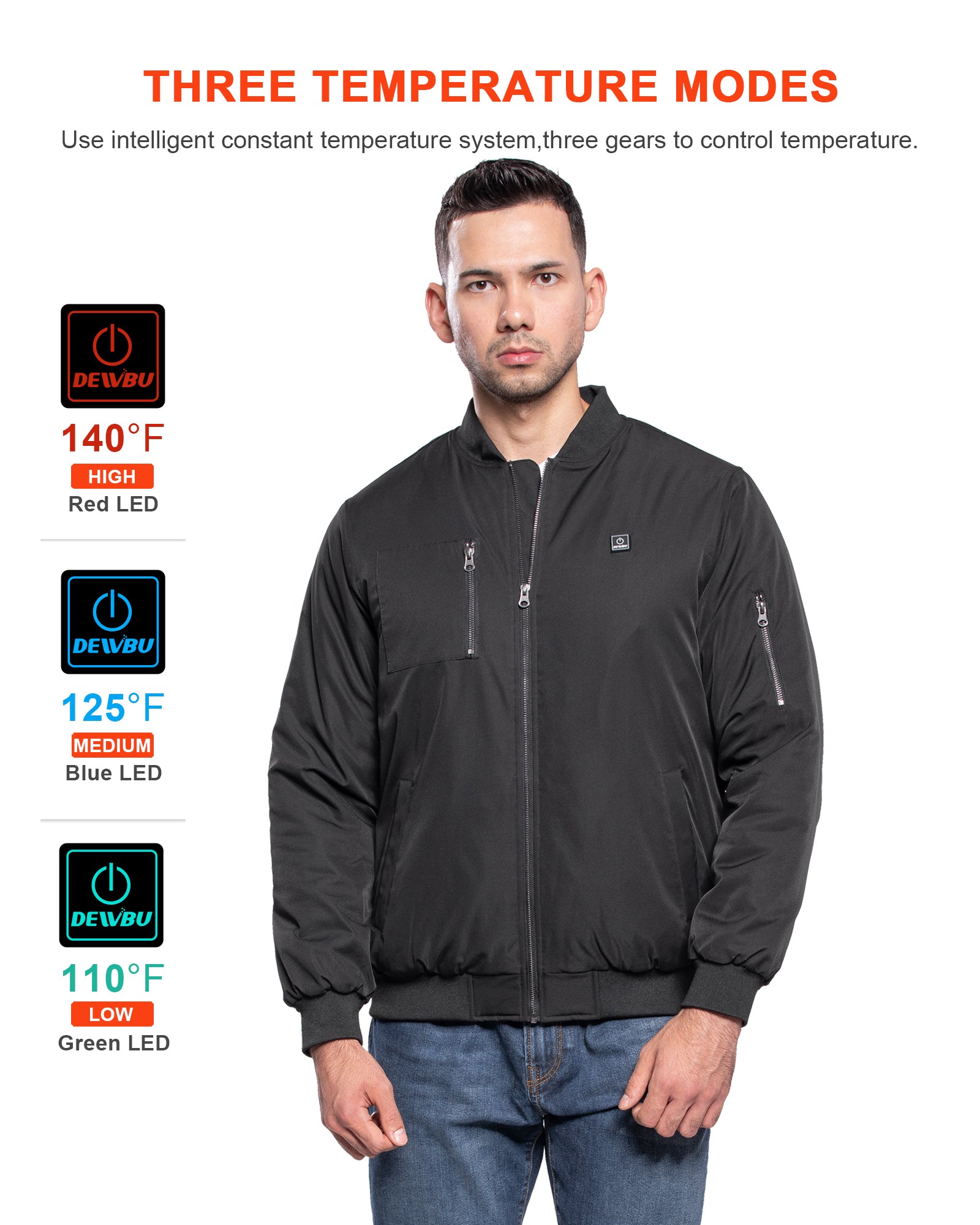 Official black DEWBU Bomber graphic showing three labeled heat settings