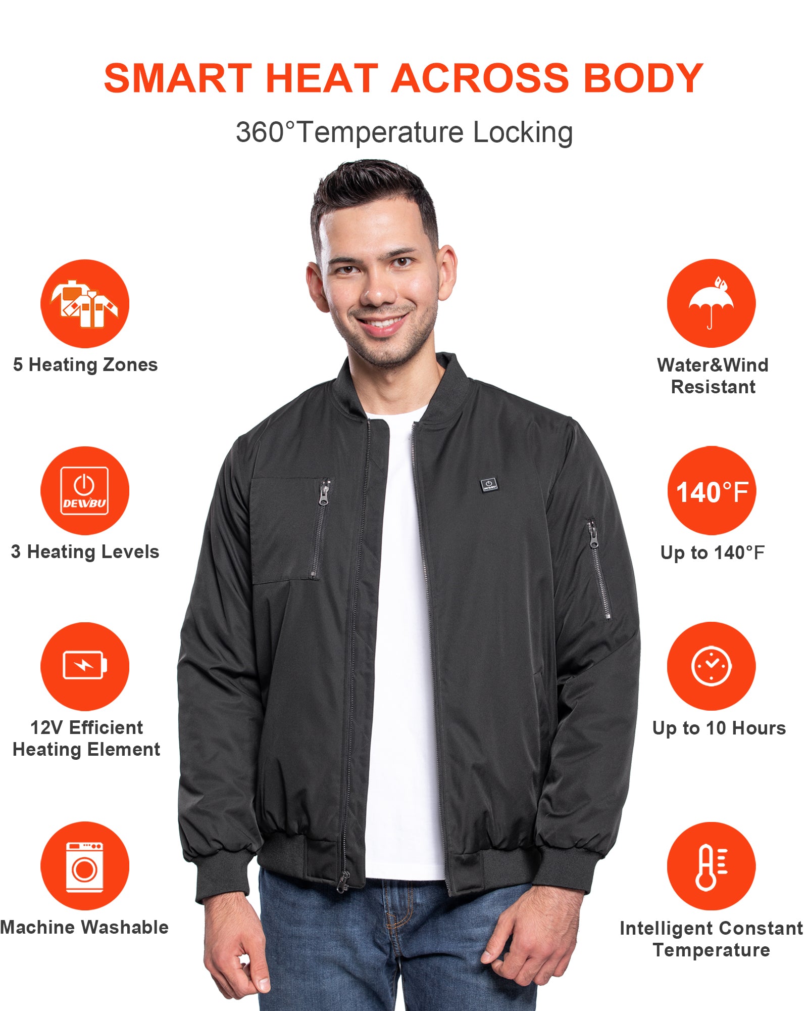 Official black DEWBU Bomber graphic identifying heating zones and garment features