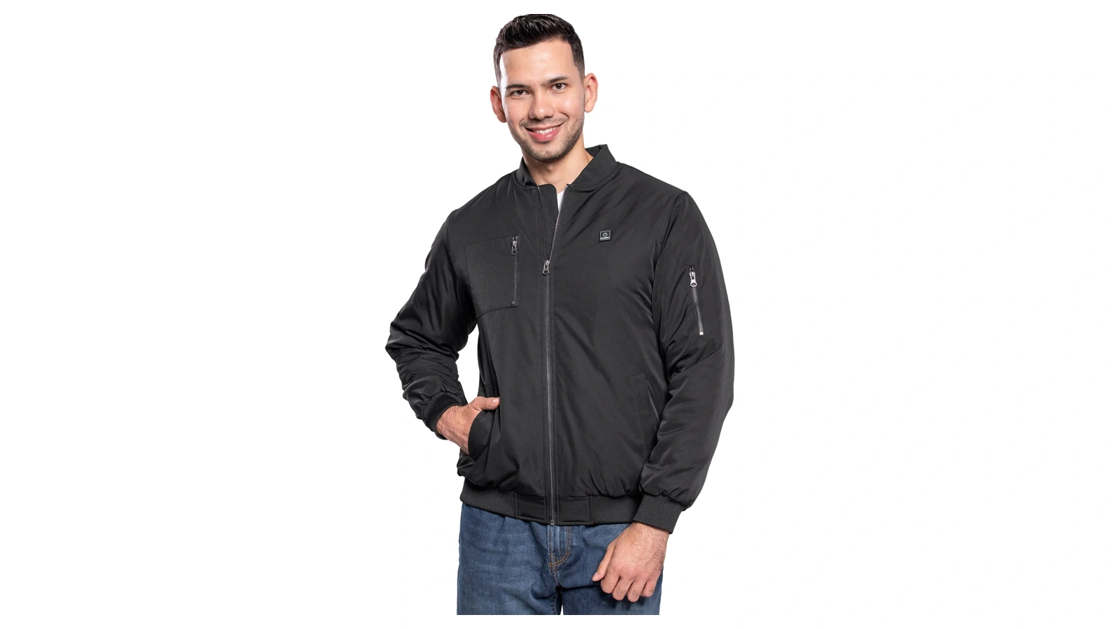 Model wearing the black DEWBU Bomber jacket with black zipper
