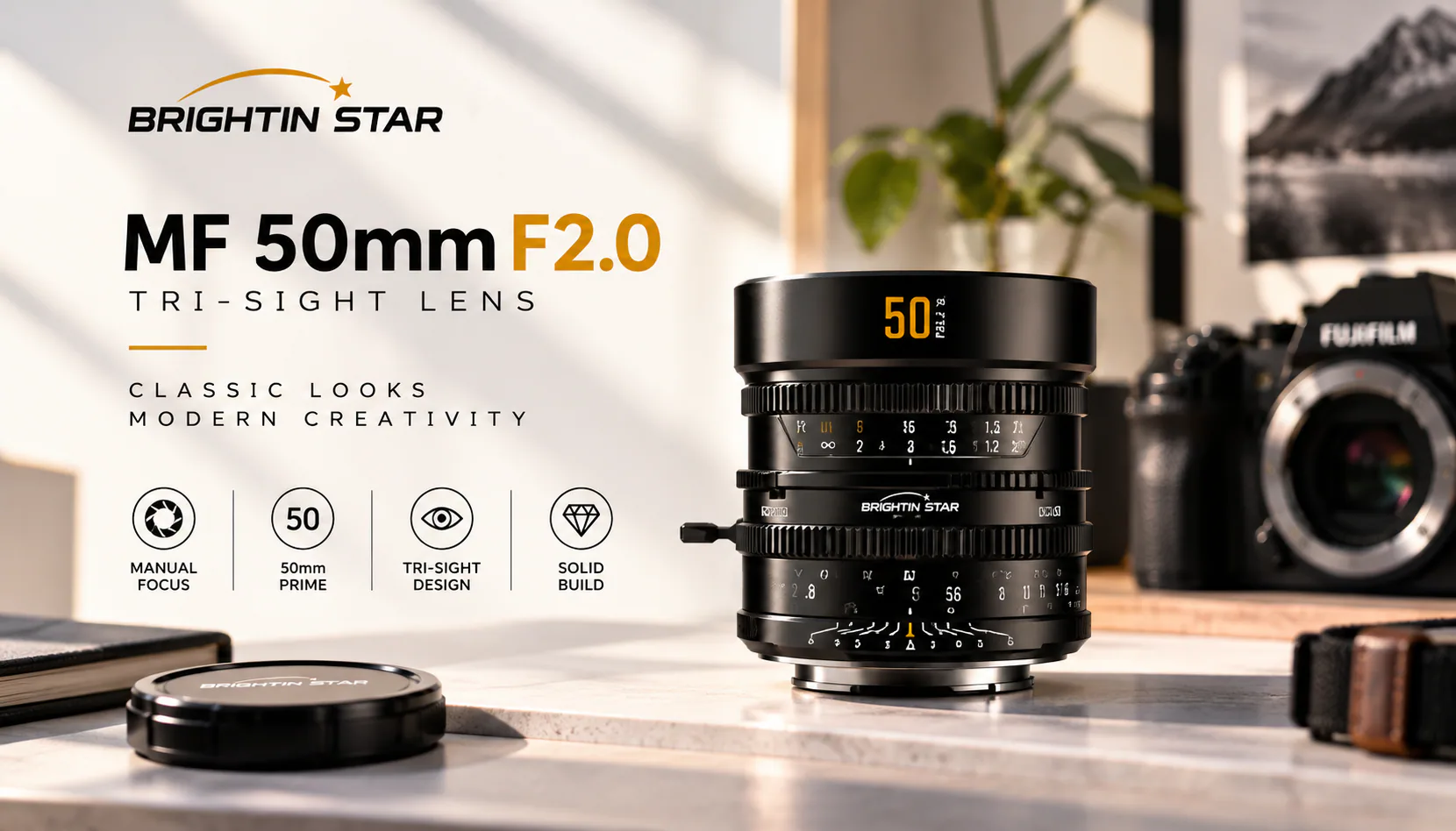 Brightin Star MF 50mm F2.0 TRI-SIGHT lens on a clean white background